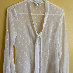 Express sheer polka dot swiss dot V neck tie neck long sleeve blouse